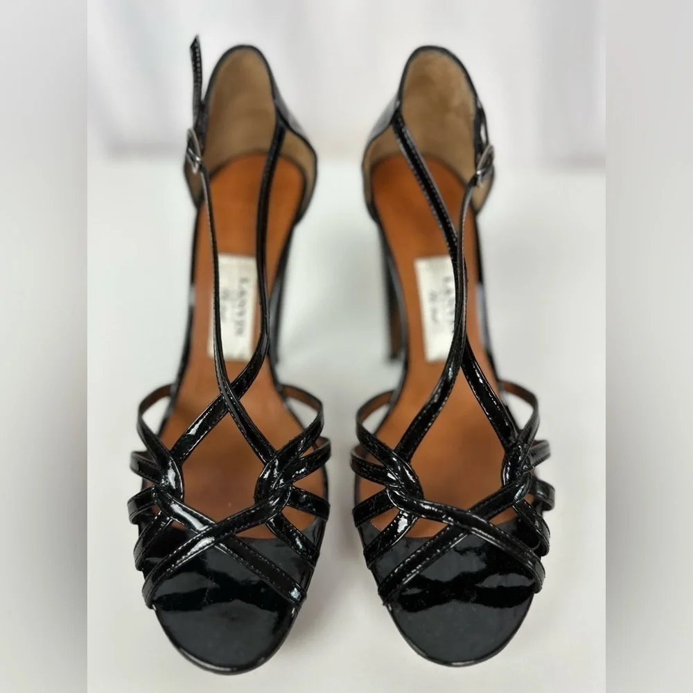 Black Patent Leather Lanvin Platform Cone Heeled Sandals Sz 38